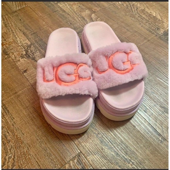 UGG Laton fluffy platform fur slides pink/purple shoes - Picture 4 of 11